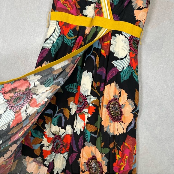 Anthropologie Maeve Botanica Floral Faux Wrap Midi Dress Size 6 Black Yellow - Picture 5 of 11